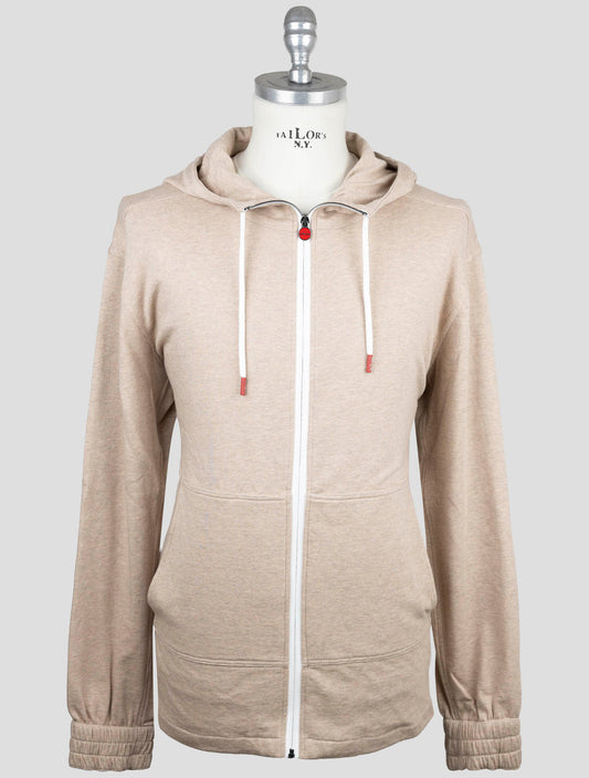 Kiton Beige Cotton Cashmere Sweater Hoodie Full Zip