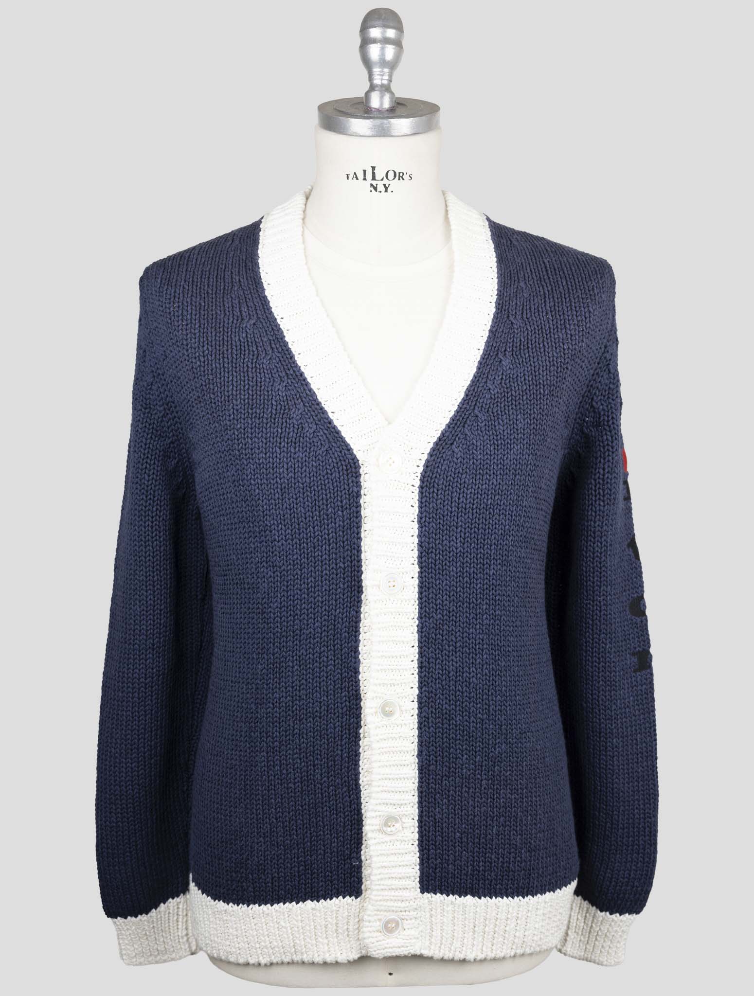 Kiton Blue White Cotton Linen Sweater Cardigan