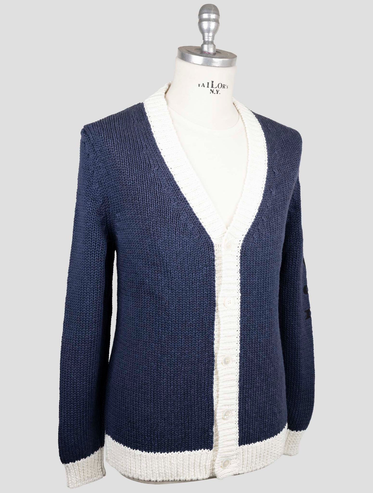 Kiton Blue White Cotton Linen Sweater Cardigan