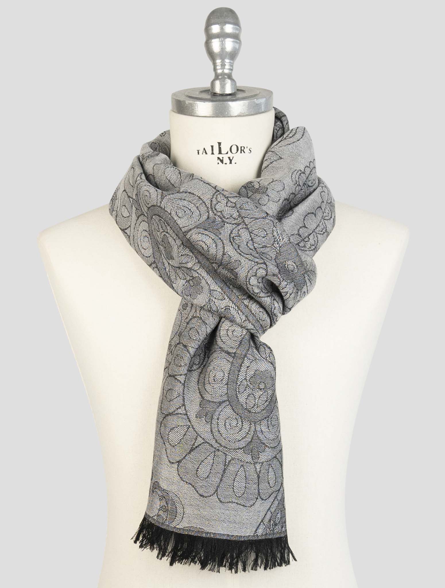 Kiton Gray Cashmere Silk Scarf floral texture
