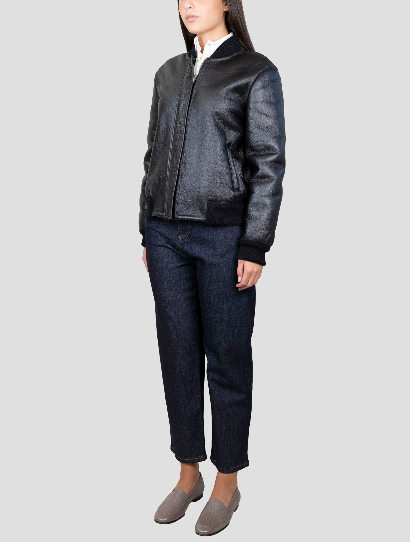 Kiton Black Leather Shearling Coat Detail
