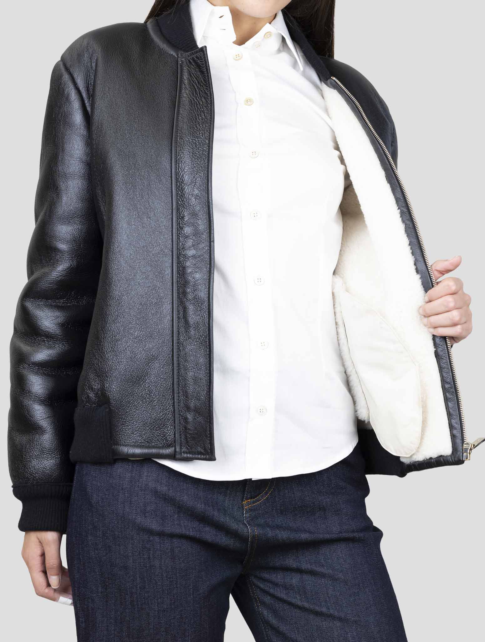 Kiton Black Leather Shearling Coat