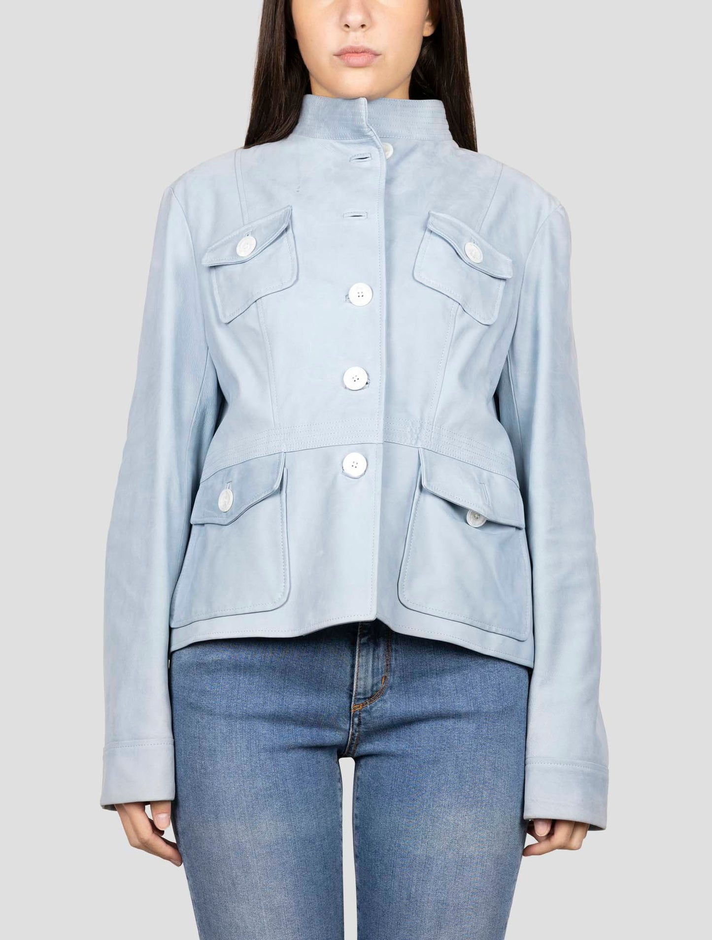 Kiton Light Blue Leather Coat