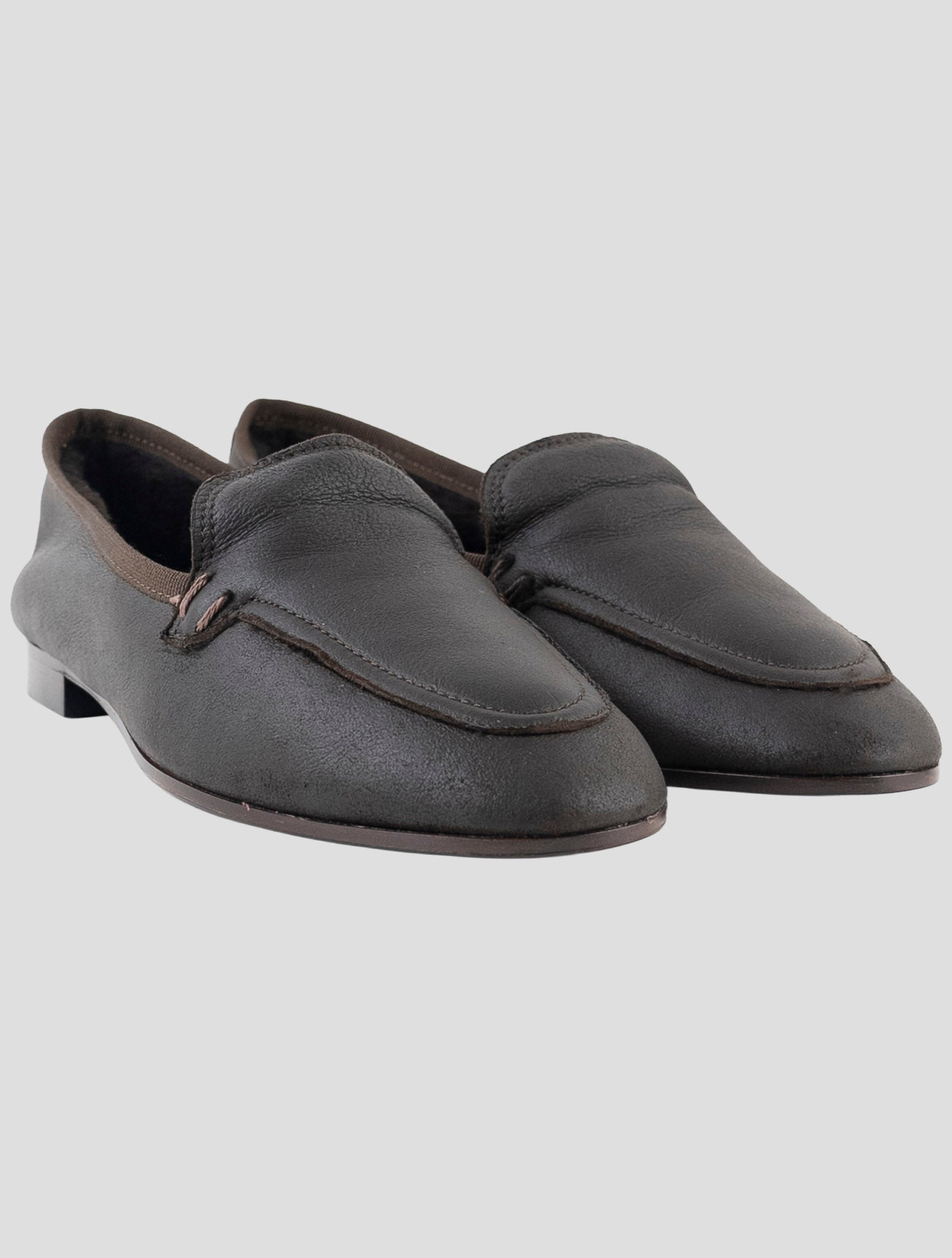 Kiton Dark Brown Leather Shearling Suede Loafers